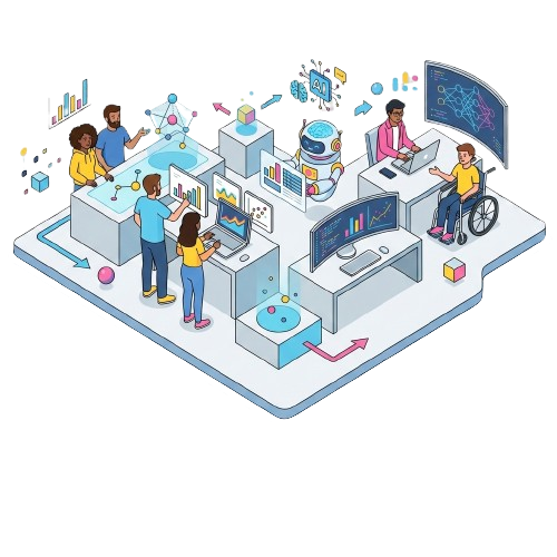 Isometric illustration of diverse students collaborating on data science projects with charts, laptops, and AI